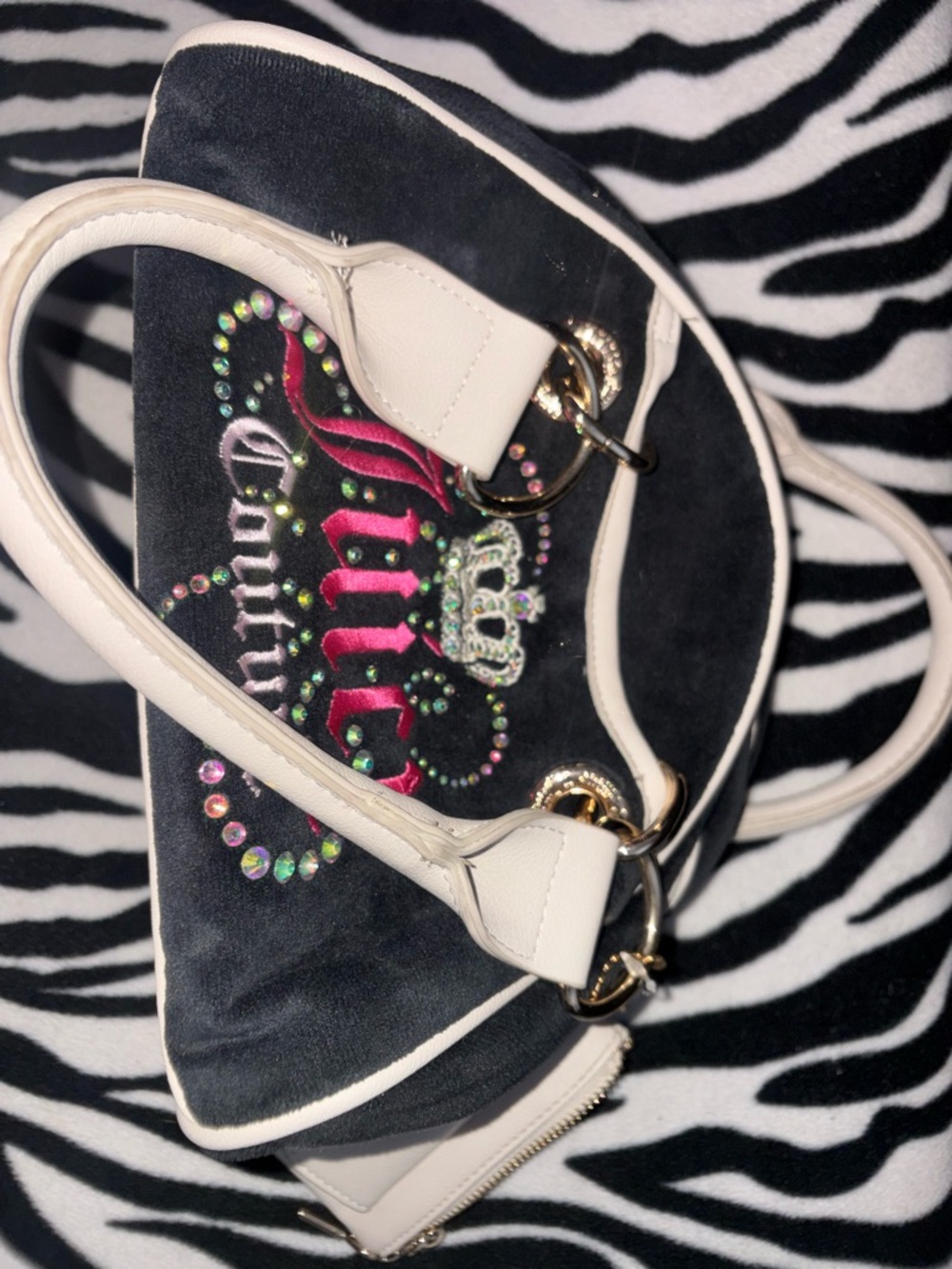 Embroidered Black Velvet Shoulder Bag with White Handles